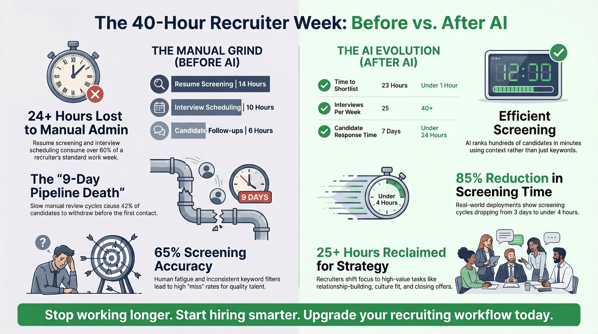 How AI candidate screening works — 4-step workflow: parse and enrich, score against the job, automated first conversation, explainable handoff