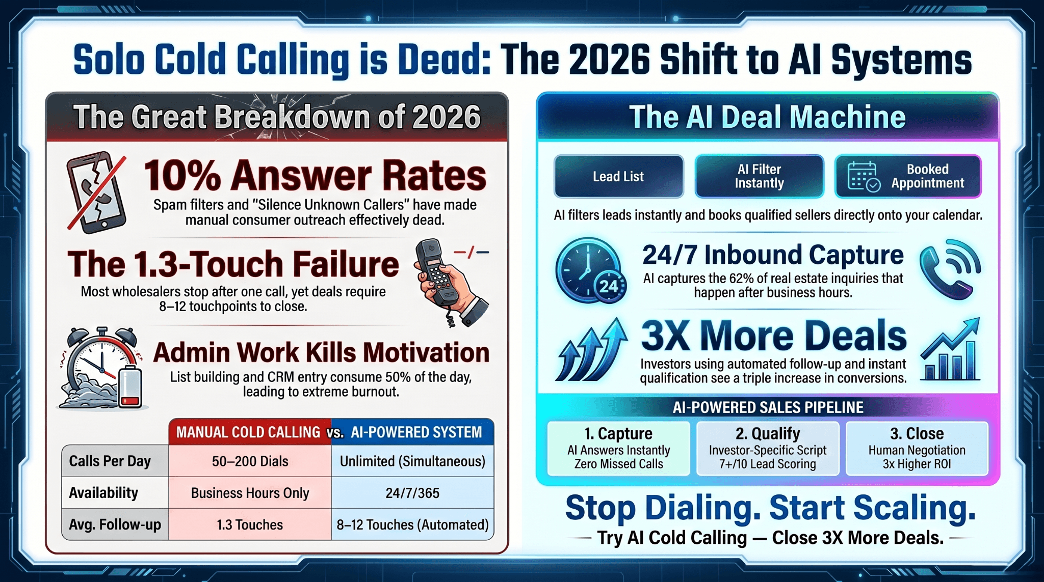 AI cold calling for real estate wholesalers — why solo cold calling is breaking down in 2026, with answer-rate collapse, follow-up gap, and admin overhead