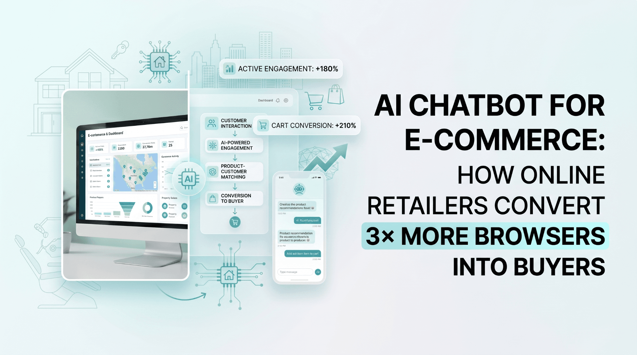 AI chatbot on an e-commerce product page surfacing personalized product recommendations, a recovered cart notification, and a 24/7 support conversation
