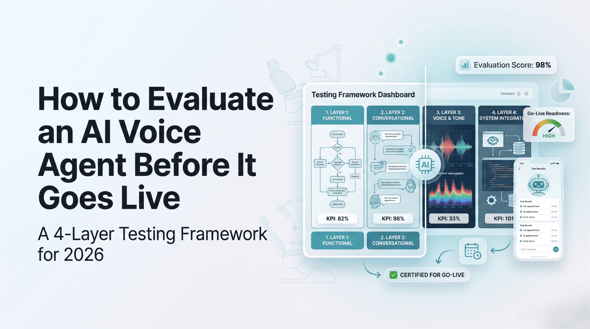 4-layer AI voice agent evaluation framework diagram showing infrastructure, execution, user experience, and business outcomes testing layers with SuperMIA branding