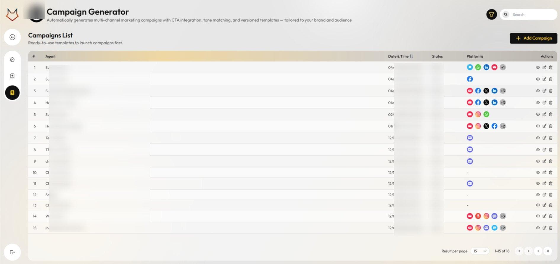 Campaign Generator campaigns list showing multi-channel campaigns generated from single briefs