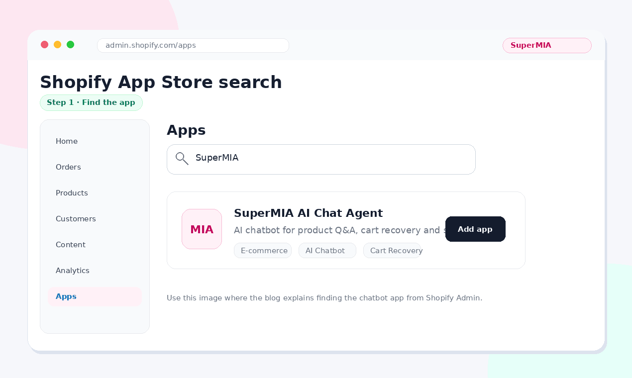 Shopify App Store search result for SuperMIA chatbot app