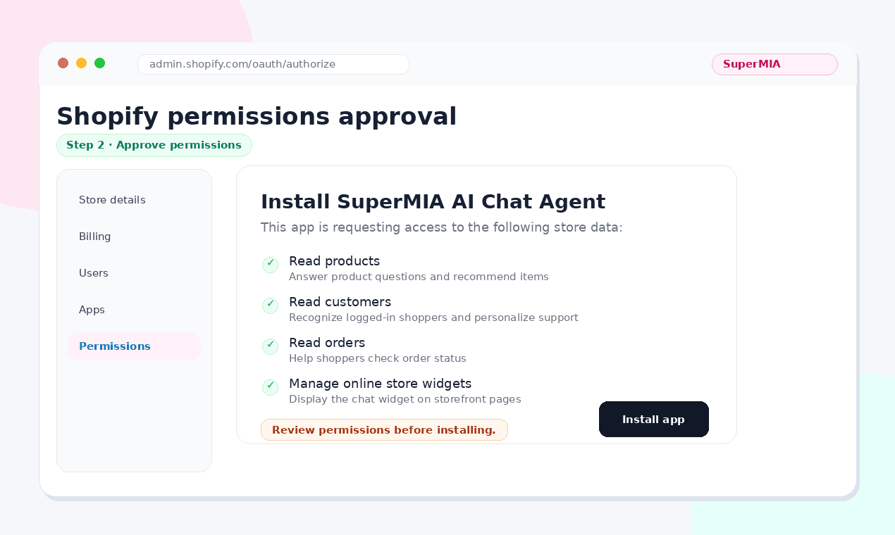 Shopify chatbot permissions approval screen