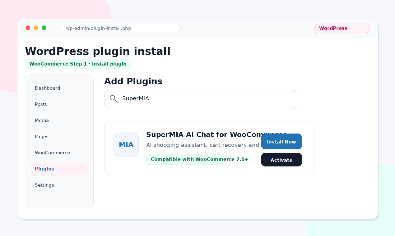 WordPress plugin install screen for SuperMIA WooCommerce chatbot