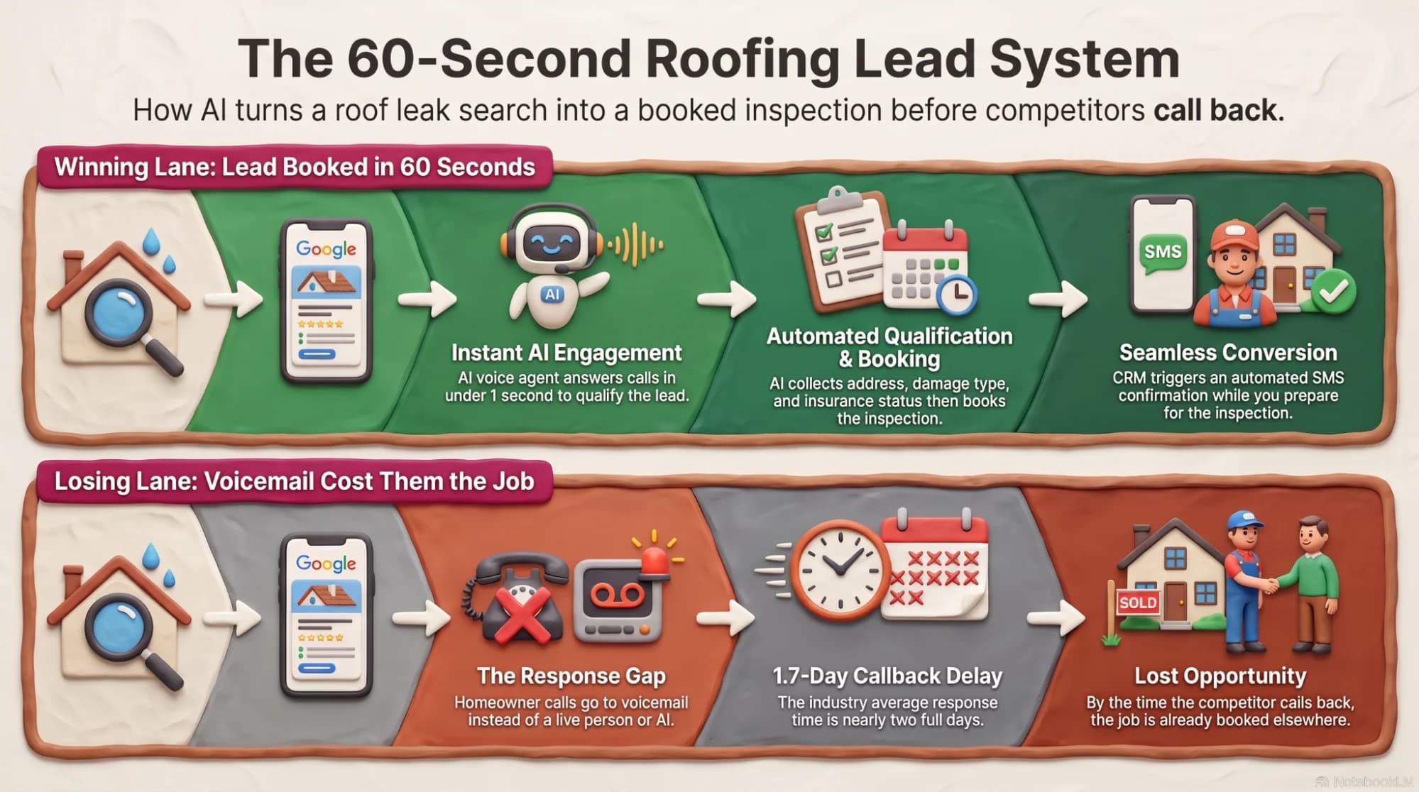 The 60-second roofing lead system flow diagram showing AI voice agent answering and booking vs competitor voicemail and 1.7-day callback