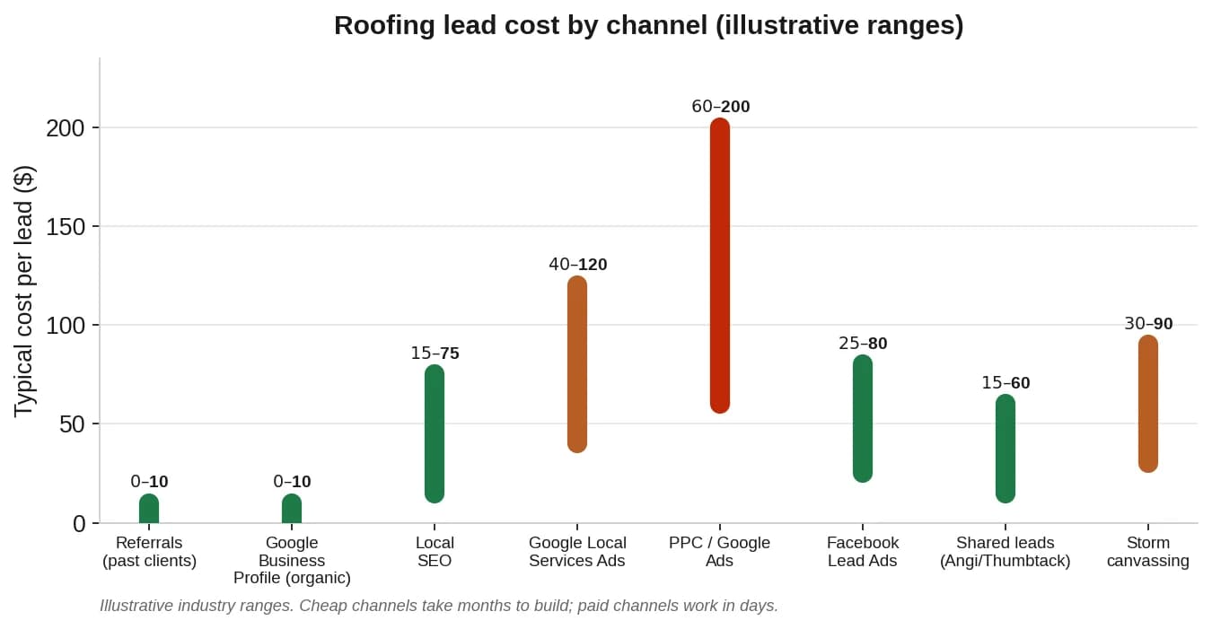 Range chart showing typical cost per lead across 8 roofing channels