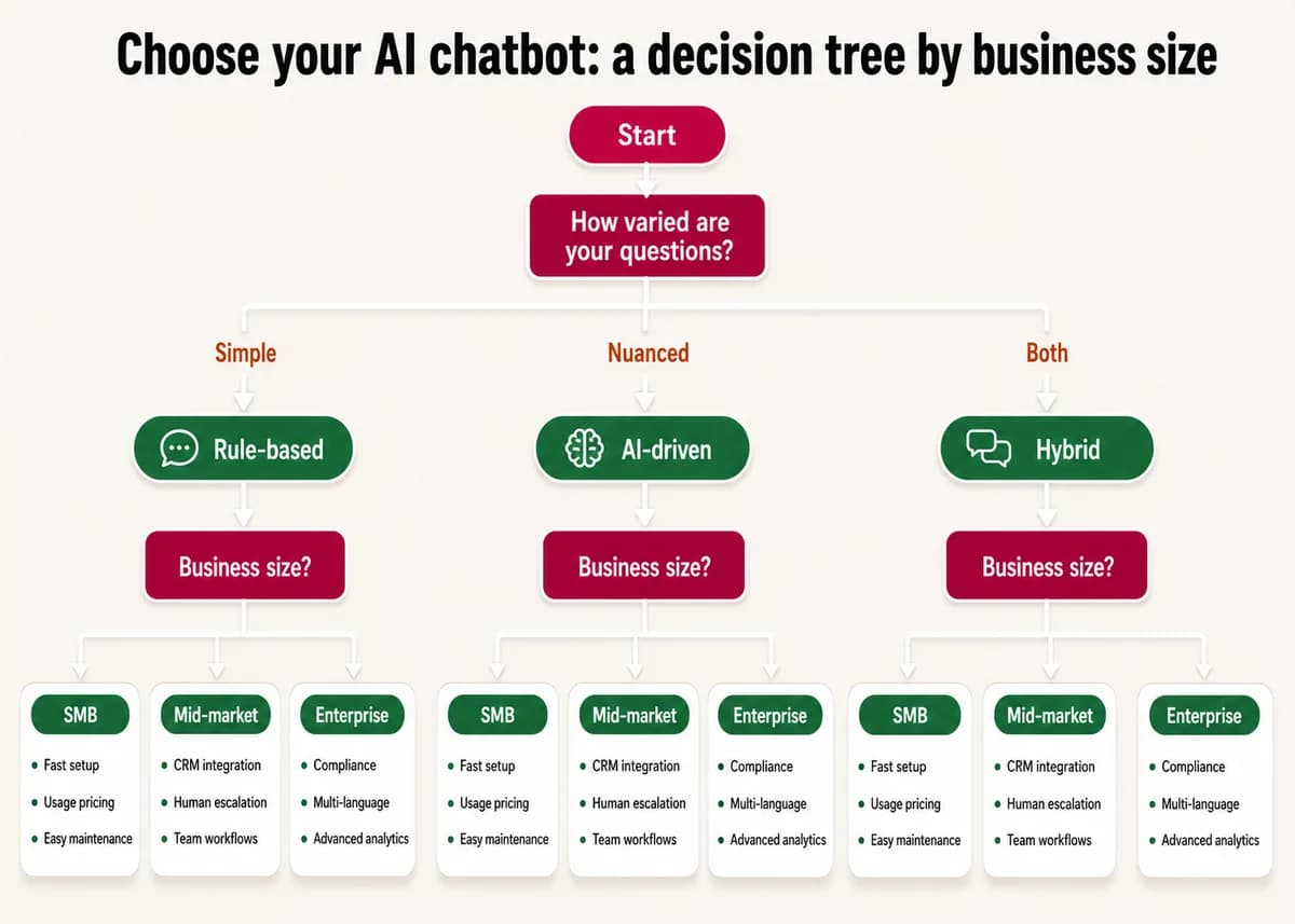 Decision tree for choosing a chatbot by business size