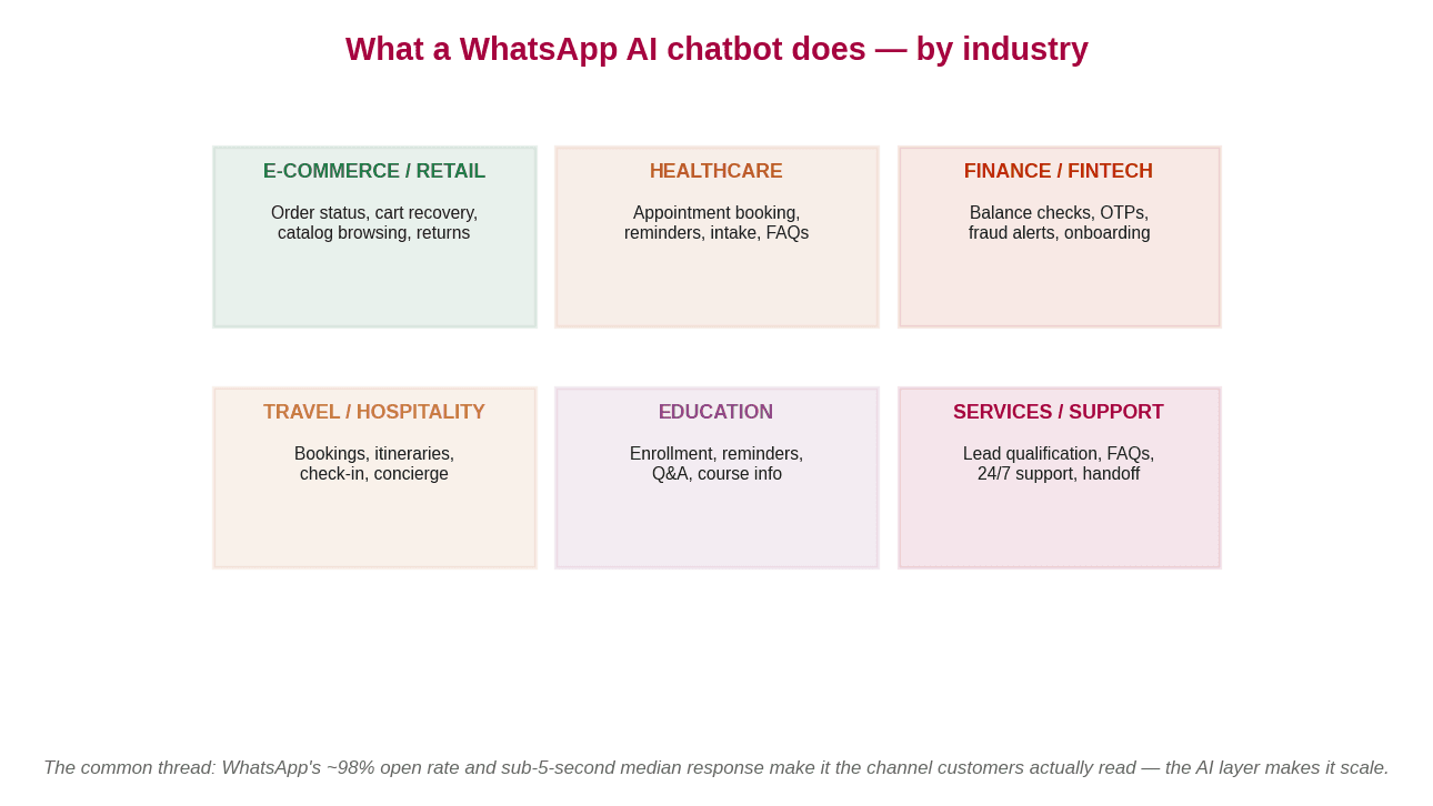 Grid of WhatsApp AI chatbot use cases across six industries: e-commerce, healthcare, finance, travel, education and services