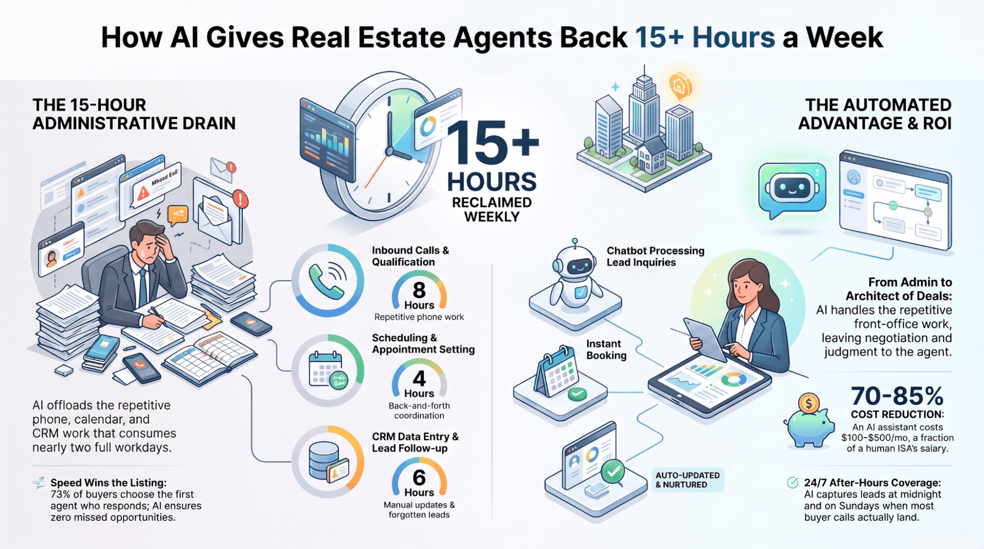 Infographic comparing the monthly cost and hours of coverage of an AI real estate assistant against hiring a human inside sales agent