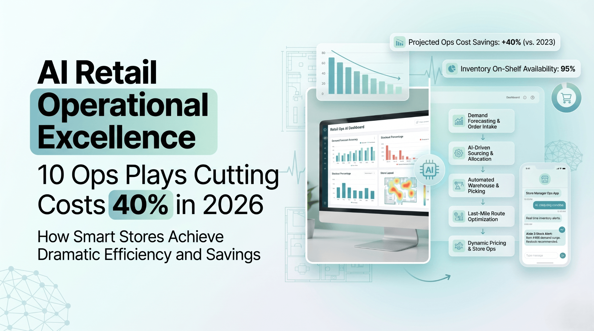 A retail operations dashboard showing AI-driven insights across inventory, labor scheduling, customer service, and shrinkage detection — with 10 numbered cost-reduction plays highlighted across store operations