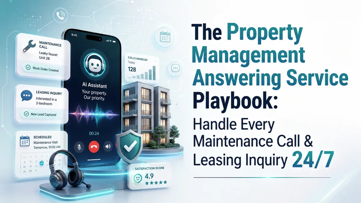 Property manager at a desk with tenant and prospect calls handled automatically 24/7