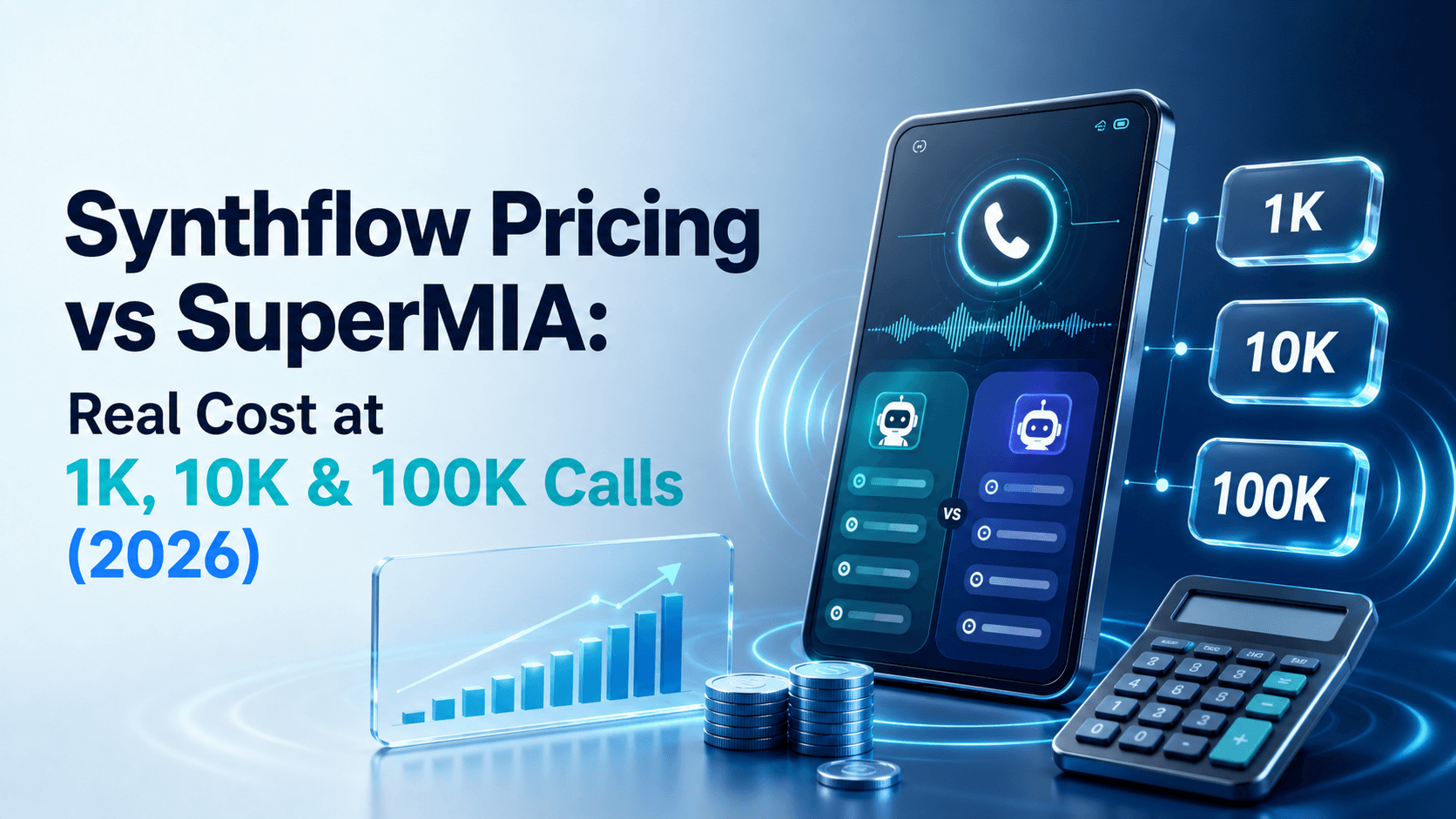 Synthflow pricing breakdown showing real cost at 1K, 10K and 100K calls in 2026