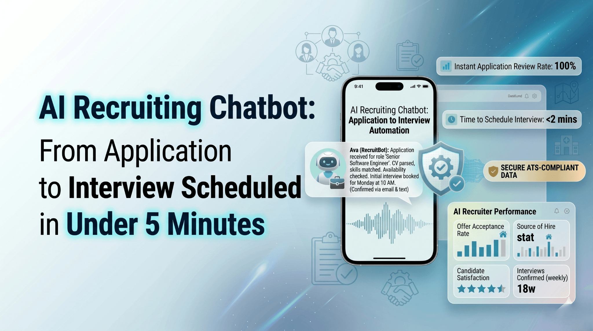 AI recruiting chatbot interface showing conversational screening and interview scheduling flow