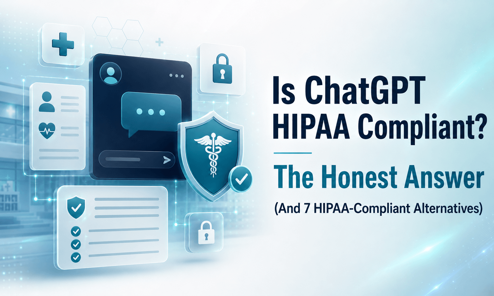 Is ChatGPT HIPAA Compliant infographic showing 5 ChatGPT tiers with HIPAA compliance status and 7 HIPAA-compliant AI alternatives for healthcare organizations