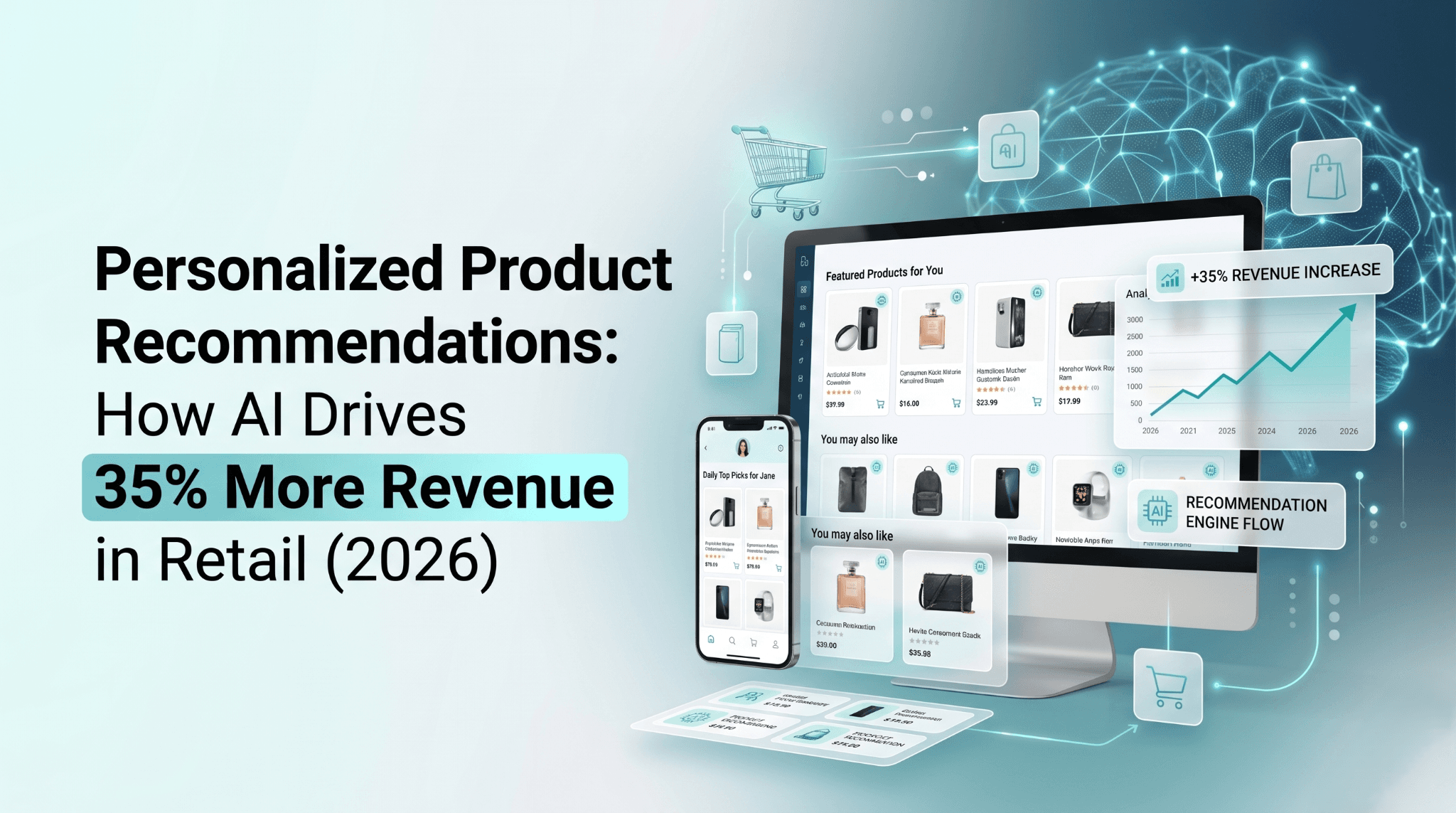 A retail ecommerce product detail page showing 4 AI-generated customers also bought recommendations, with a side-panel dashboard displaying conversion lift +32%, AOV lift +28%, and revenue per visitor +38% versus a baseline control group