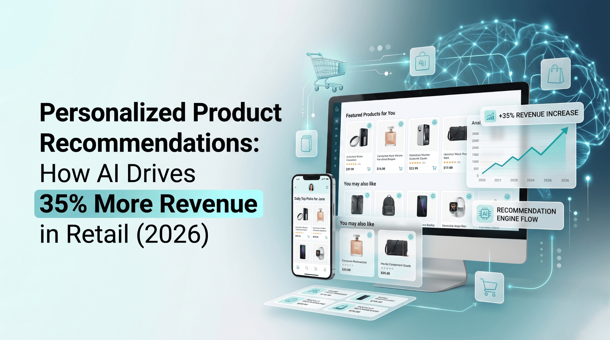A retail ecommerce product detail page showing 4 AI-generated customers also bought recommendations, with a side-panel dashboard displaying conversion lift +32%, AOV lift +28%, and revenue per visitor +38% versus a baseline control group