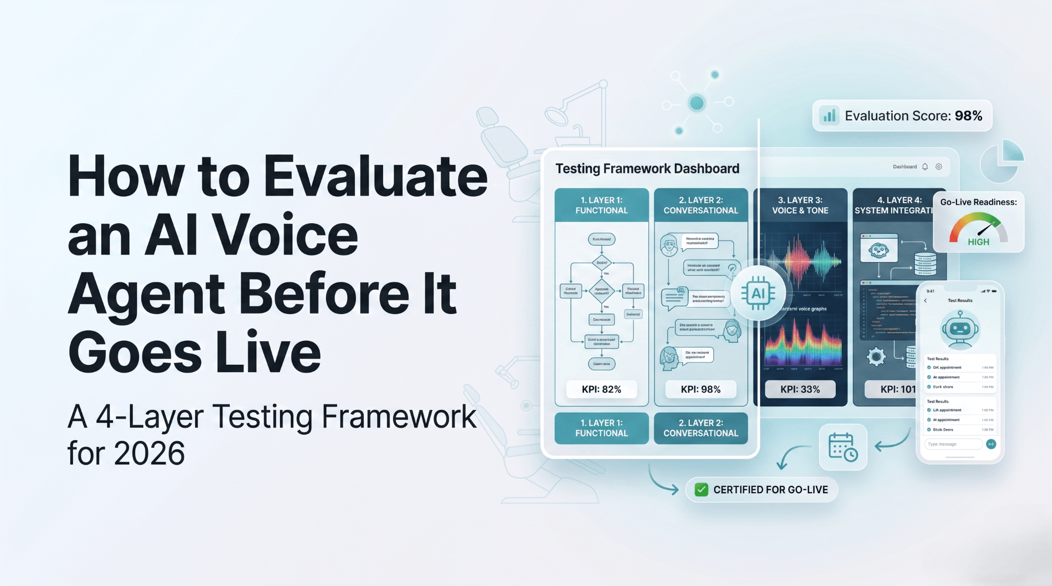 4-layer AI voice agent evaluation framework diagram showing infrastructure, execution, user experience, and business outcomes testing layers with SuperMIA branding
