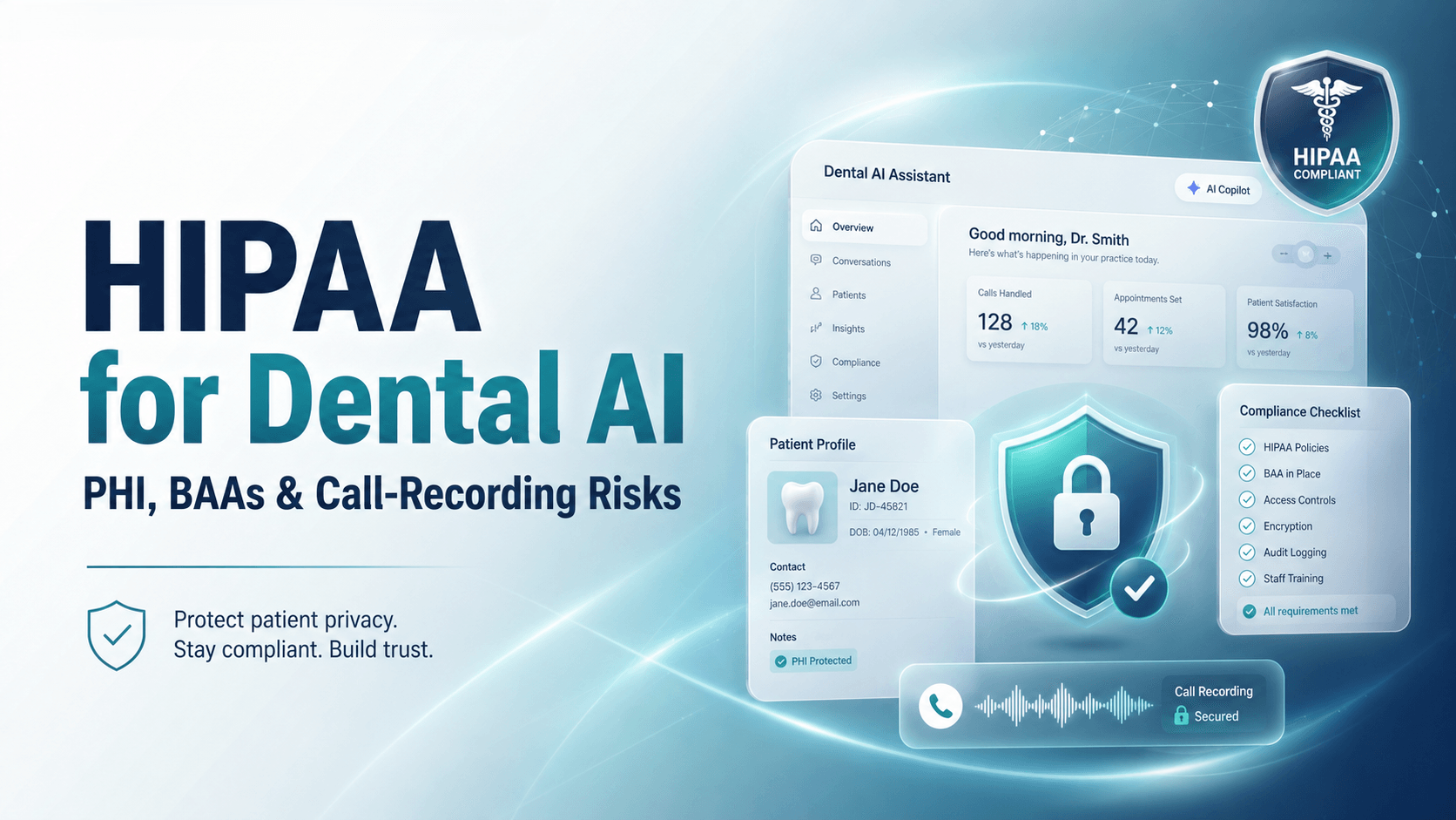 HIPAA for dental AI guide covering PHI, BAAs, and call-recording risks