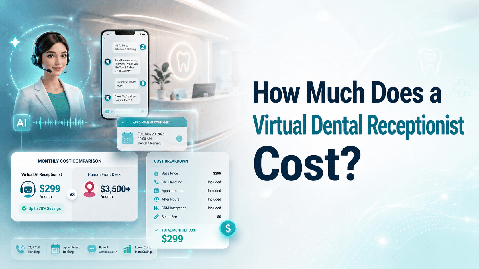 Illustration of a dental front desk phone with a price tag and rising revenue arrow - 2026 cost guide