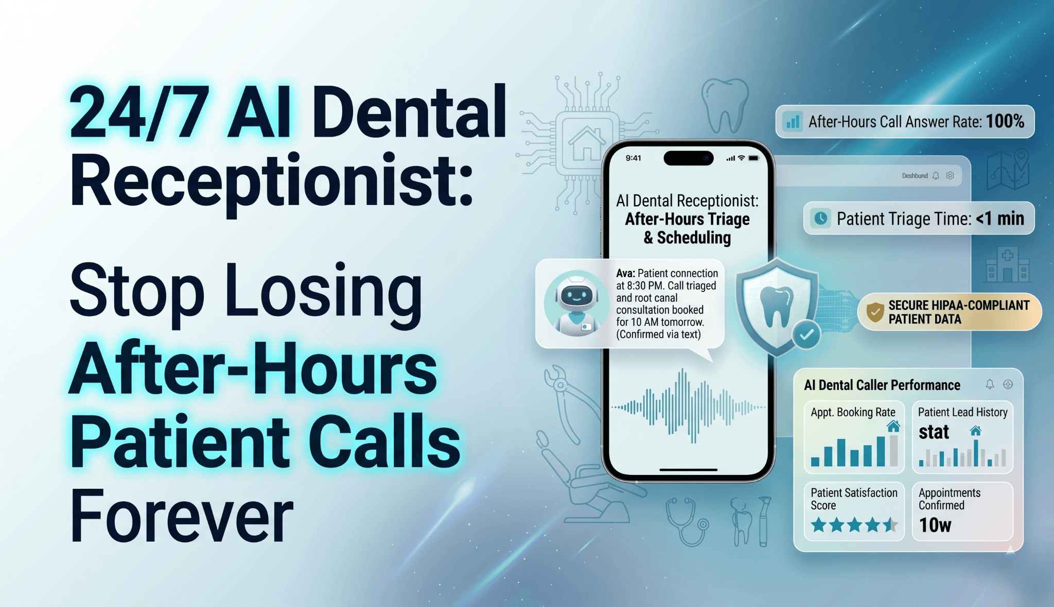 AI virtual receptionist for dental office — 24/7 call answering, PMS booking, and emergency triage for dental practices