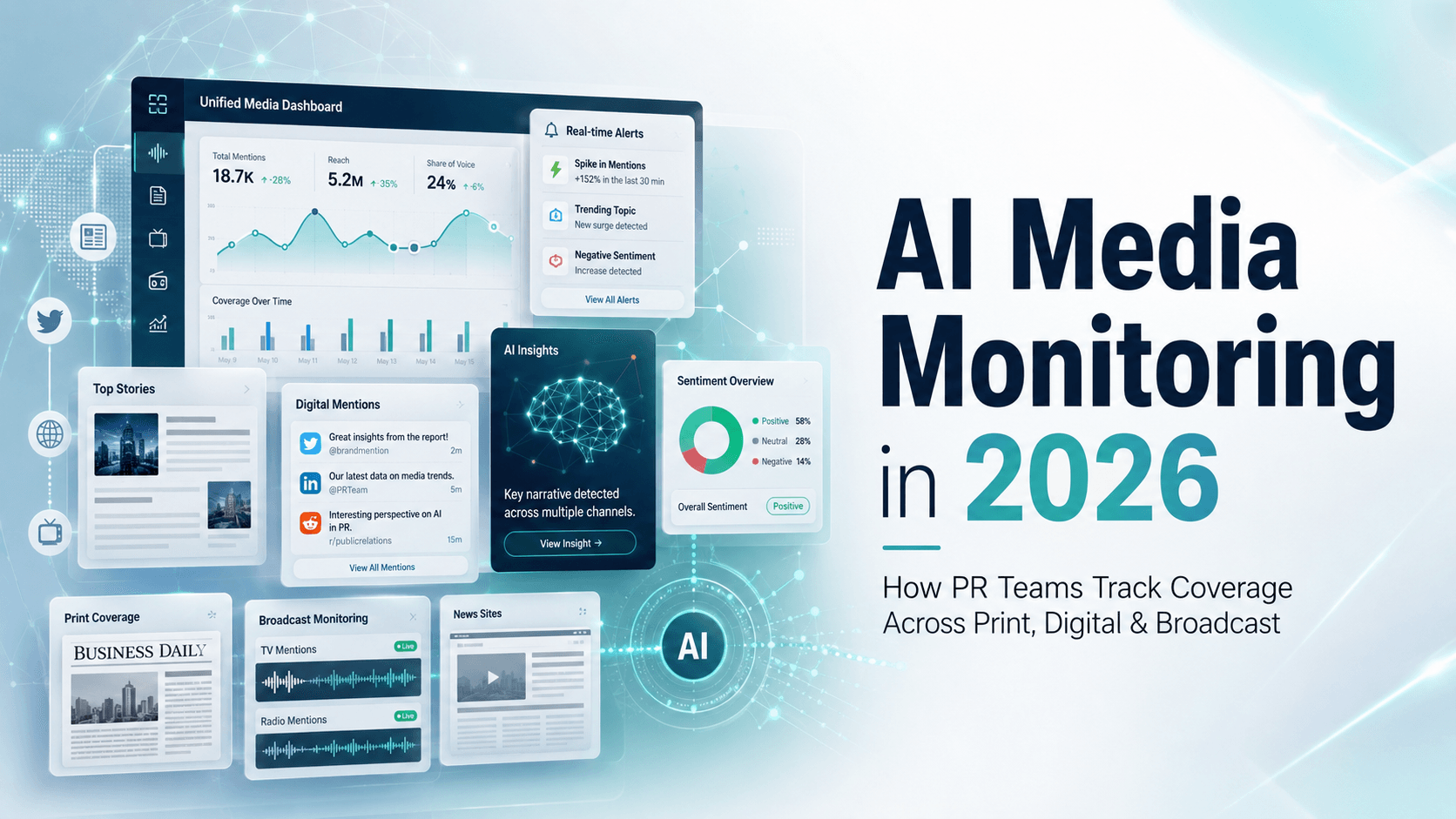 AI media monitoring tracking PR coverage across print, digital, and broadcast