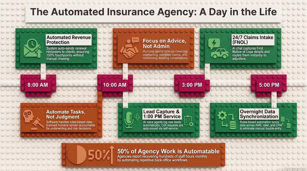Insurance agency automation moving work between the AMS, rater, and CRM without replacing them