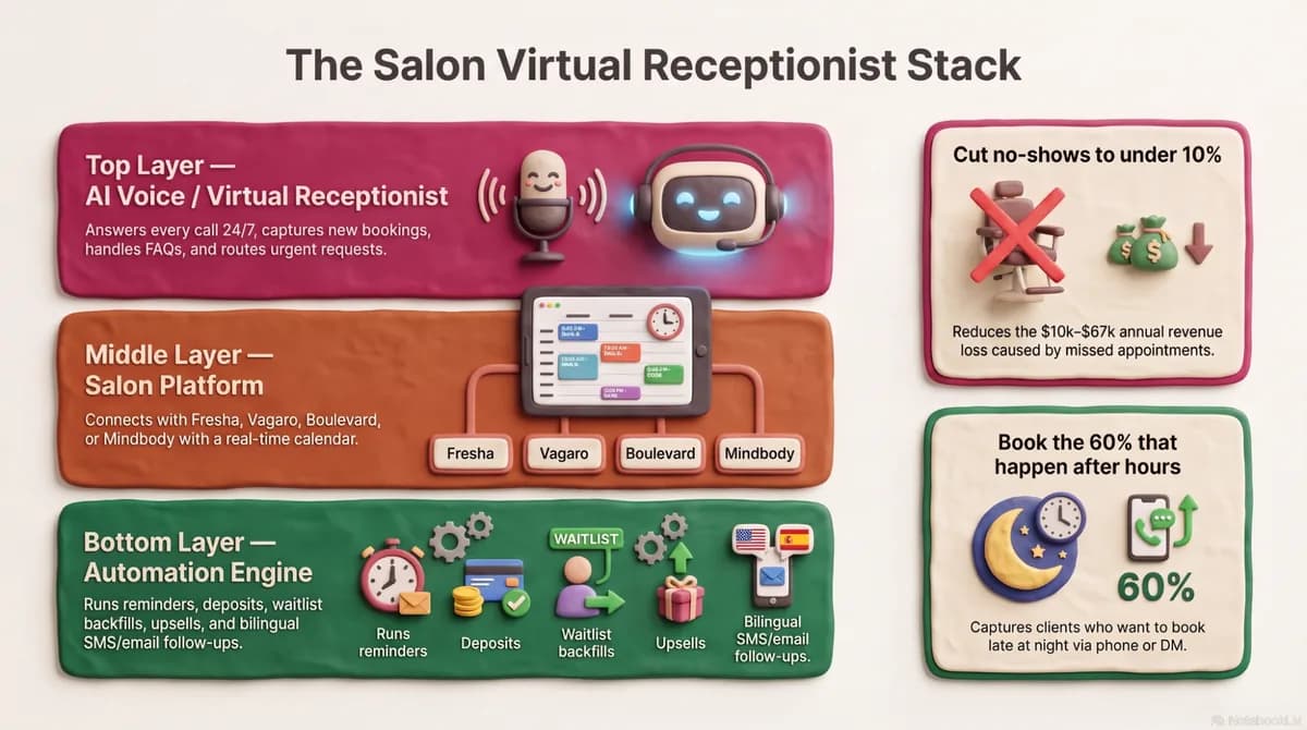 Vertical stack diagram of the salon virtual receptionist: AI receptionist, salon platform, and automation layers
