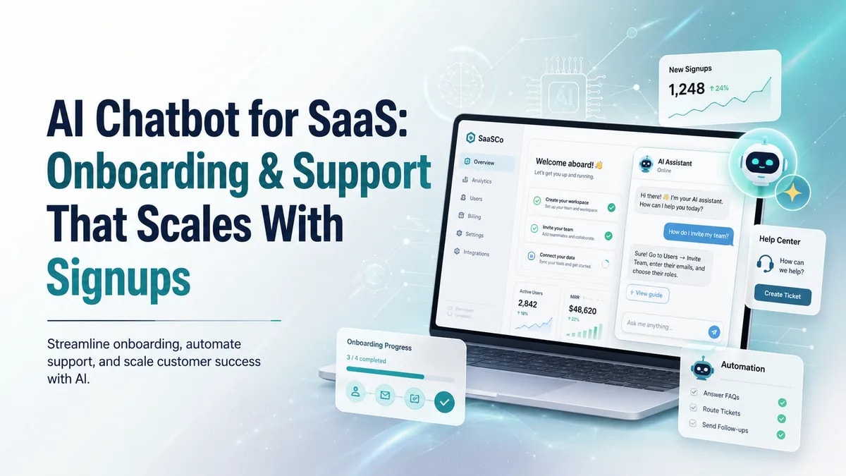 Illustration of an in-app AI assistant guiding a new SaaS user through setup