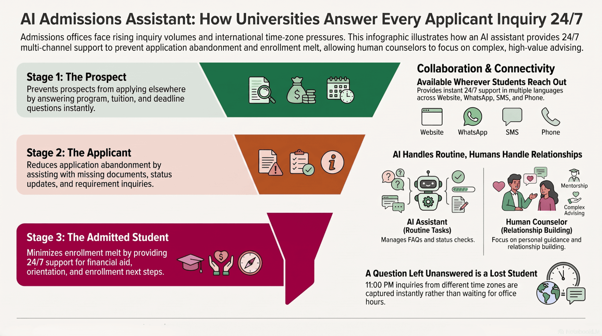 Infographic of the 24/7 admissions office showing the three funnel stages — prospect, applicant, admitted student — alongside the channels an assistant covers and the split between AI-handled routine tasks and human counselor relationship building