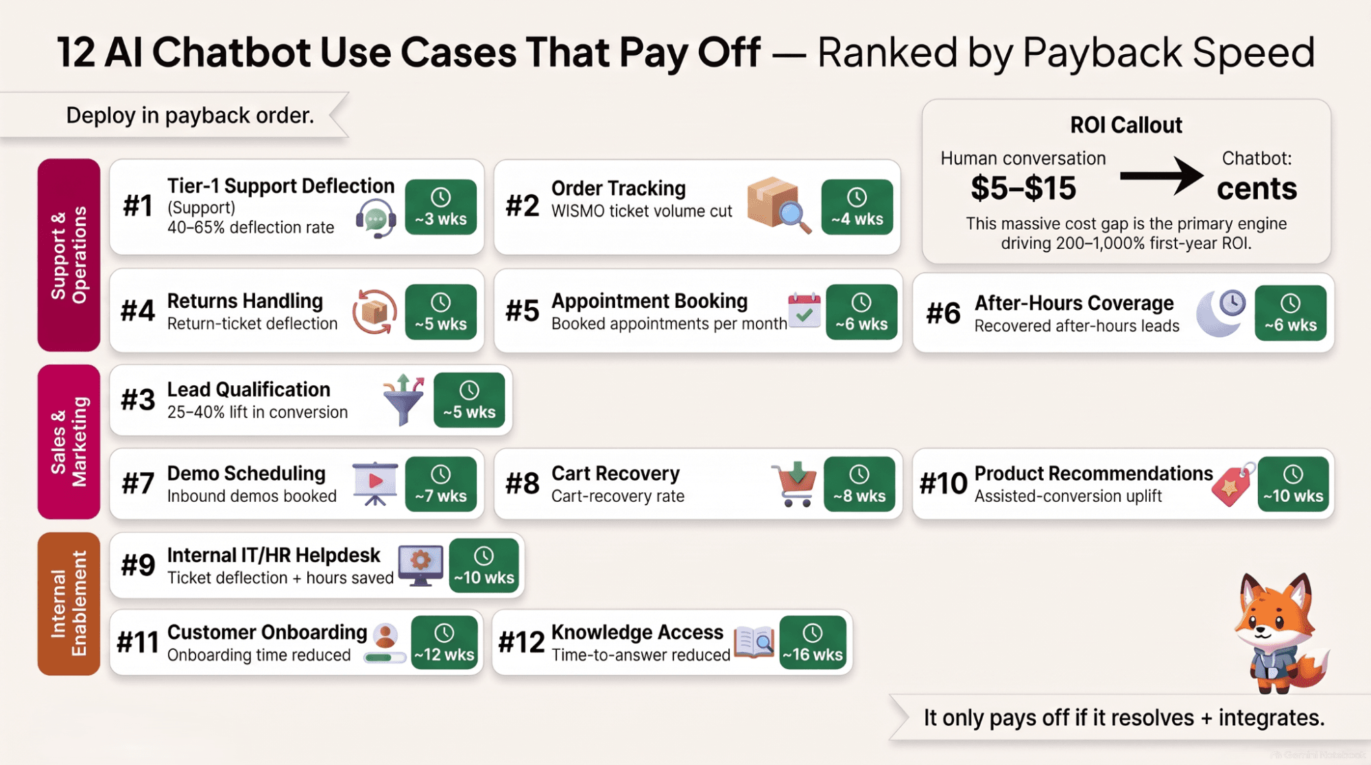 Infographic of 12 AI chatbot use cases for business grouped into customer support and operations, sales and marketing, and internal and back-office