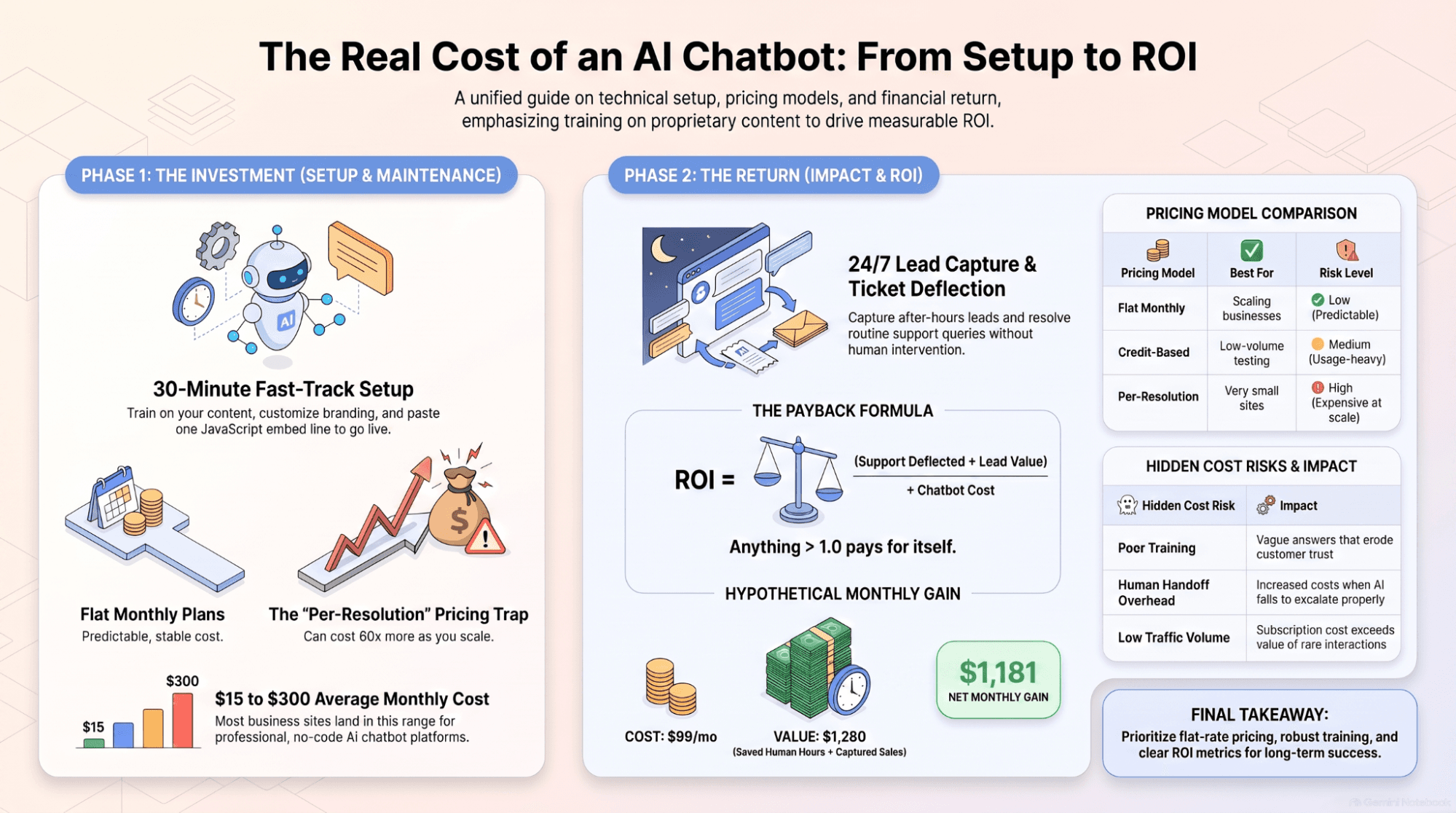 Infographic showing the five steps to add an AI chatbot to a website, the four pricing models, and the payback formula