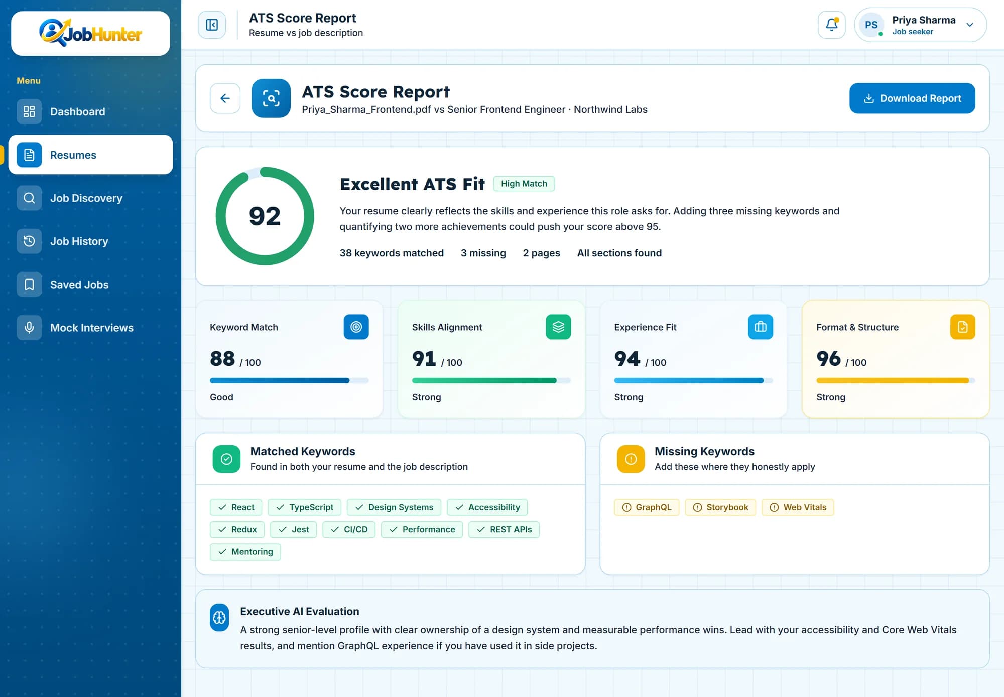 JobHunter AI job-specific fit check comparing a resume with one job description (early-access preview, sample data)