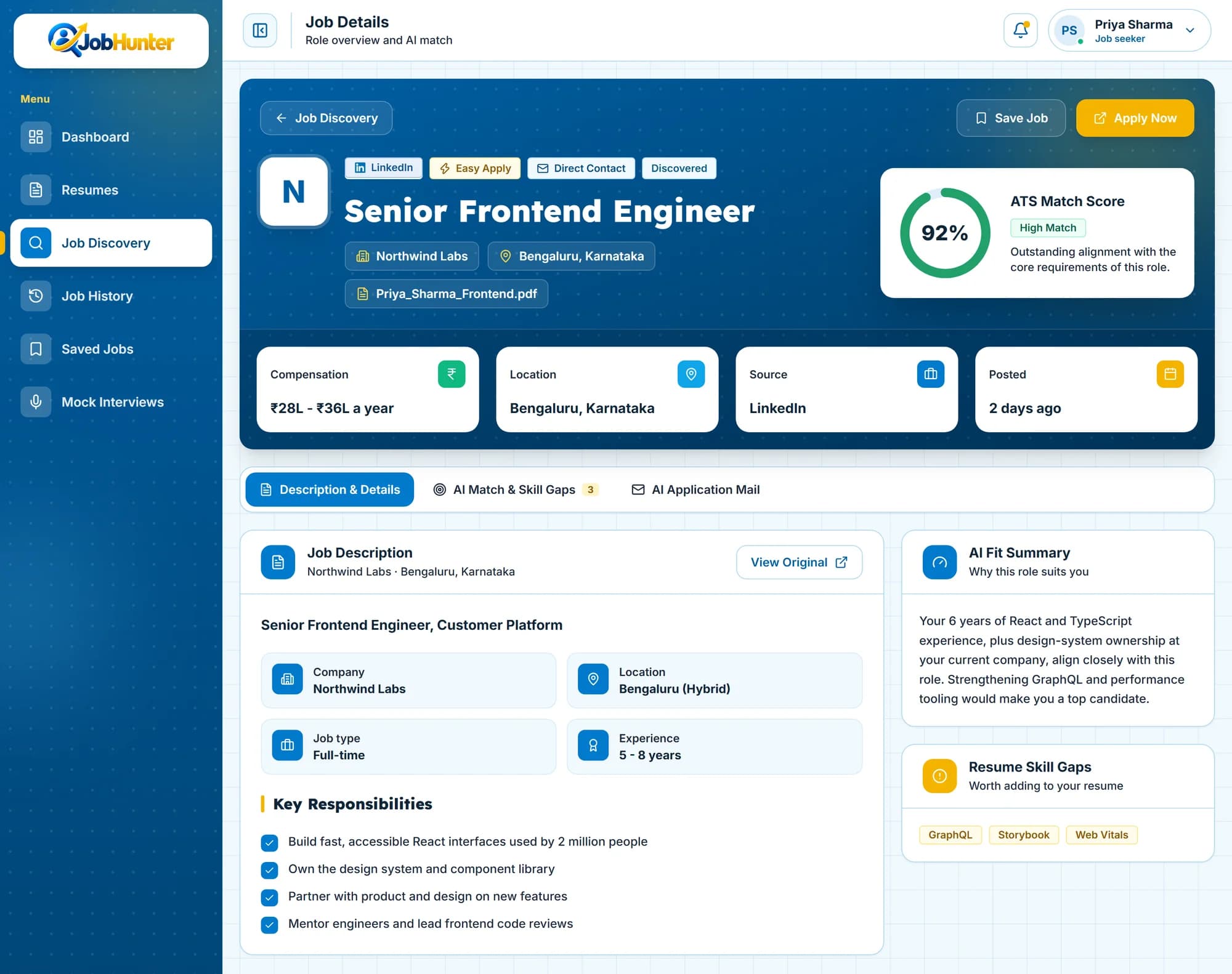 JobHunter AI job details screen with a fit score, a written explanation and missing skills (early-access preview, sample data)