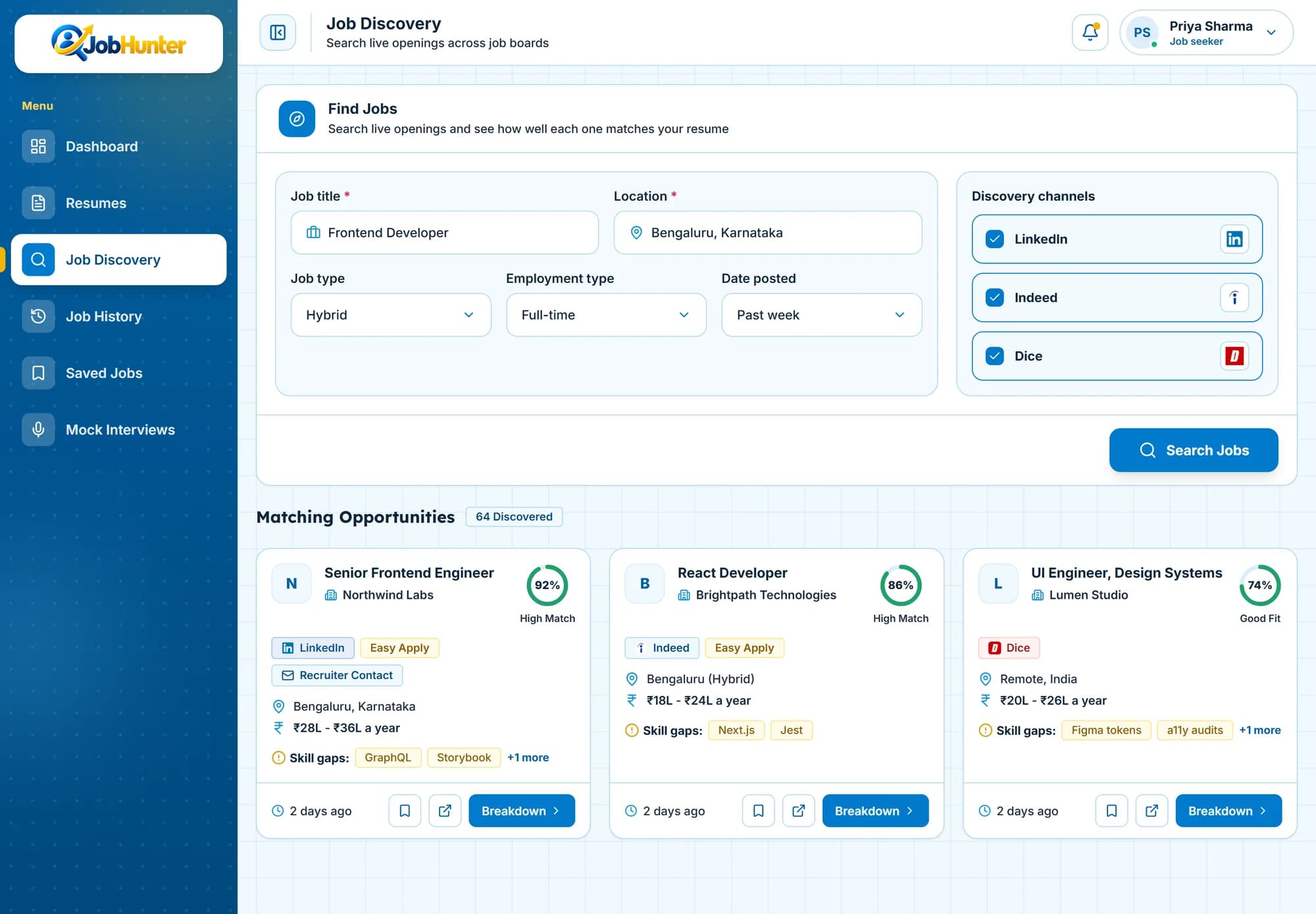 JobHunter AI job discovery screen searching LinkedIn, Indeed and Dice, with fit scores on each result (early-access preview, sample data)