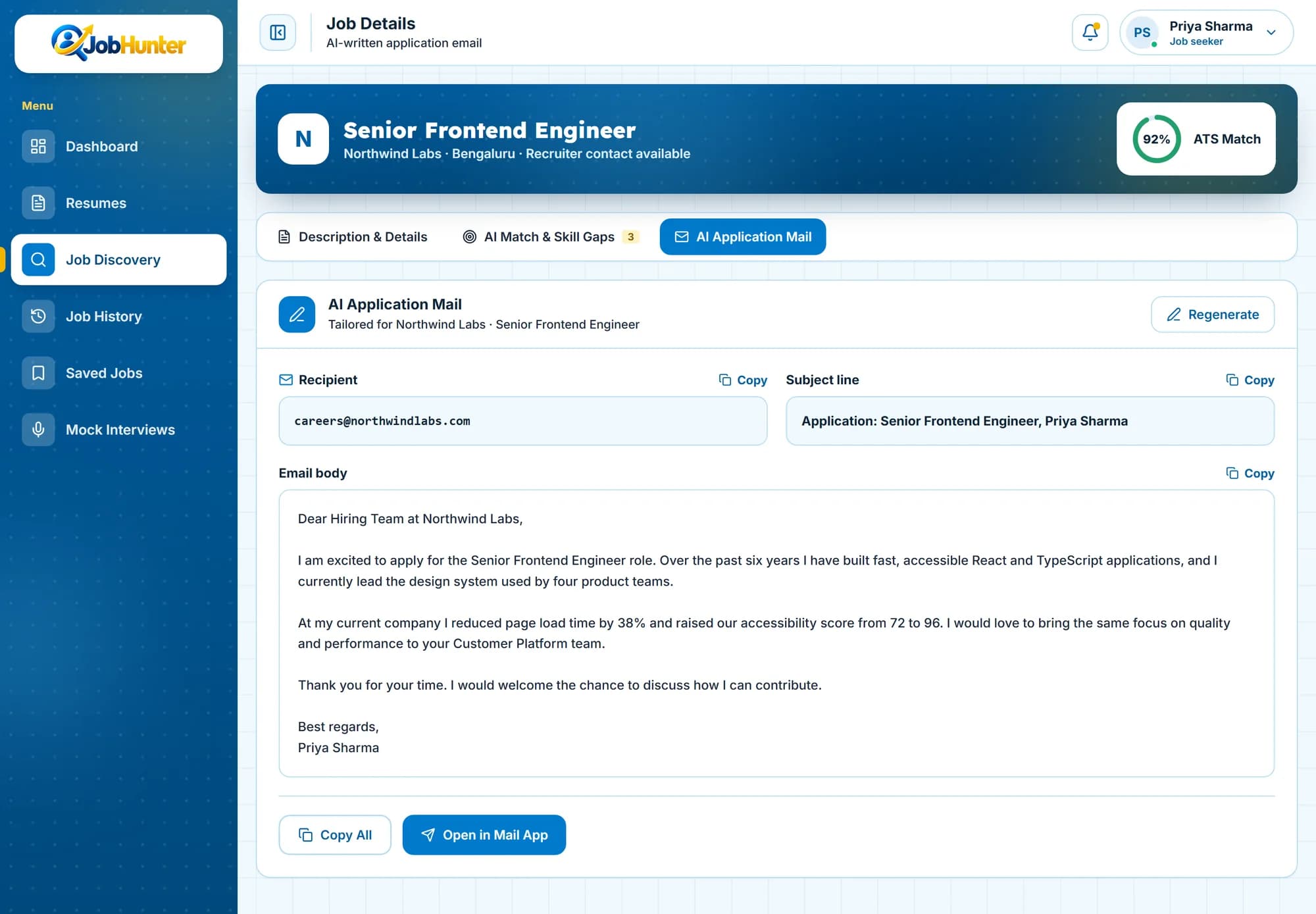 JobHunter AI outreach email draft with a subject line and email body (early-access preview, sample data)