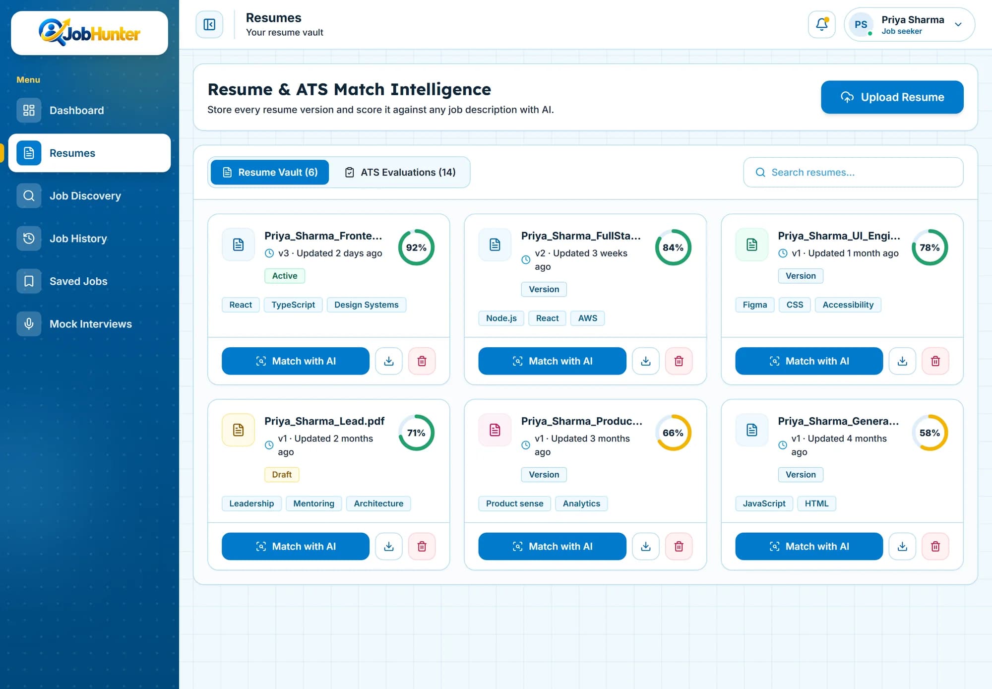 JobHunter AI resume versions screen (early-access preview, sample data)