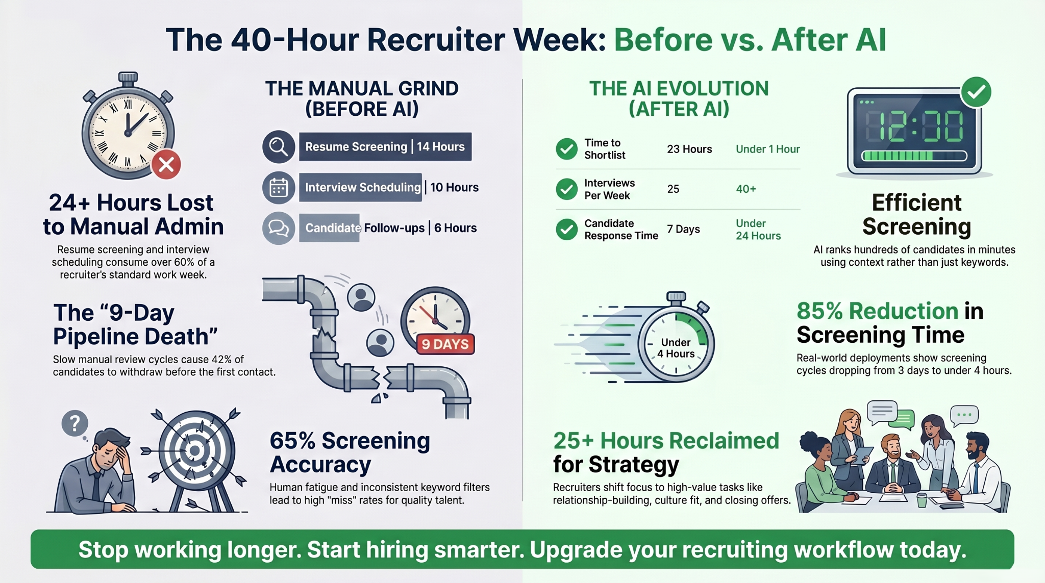 How AI candidate screening works — 4-step workflow: parse and enrich, score against the job, automated first conversation, explainable handoff