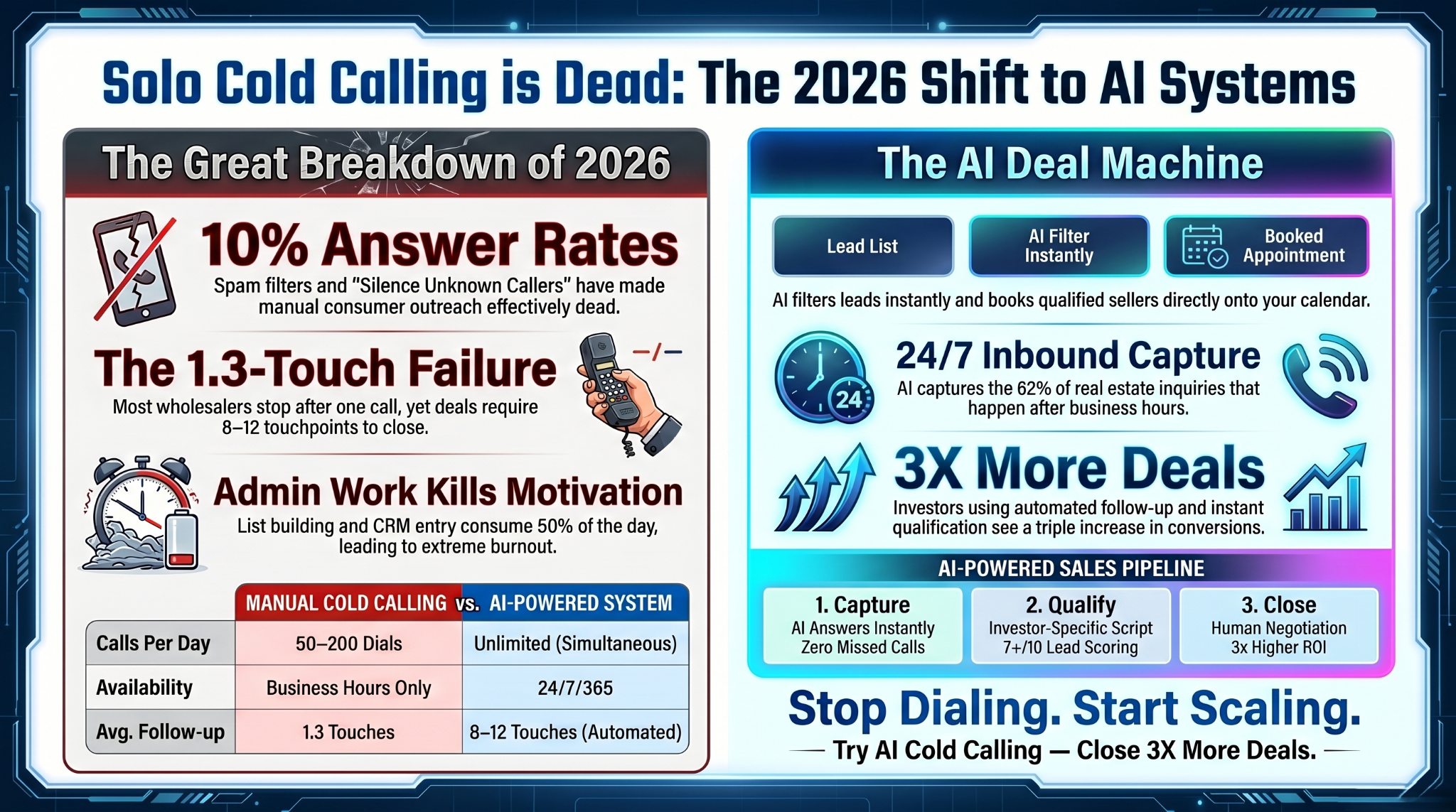 AI cold calling for real estate wholesalers — why solo cold calling is breaking down in 2026, with answer-rate collapse, follow-up gap, and admin overhead