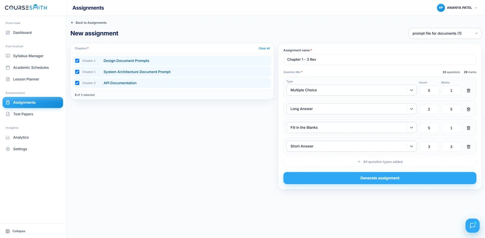 CourseSmith — Build a personalised assignment by selecting chapters and question mix