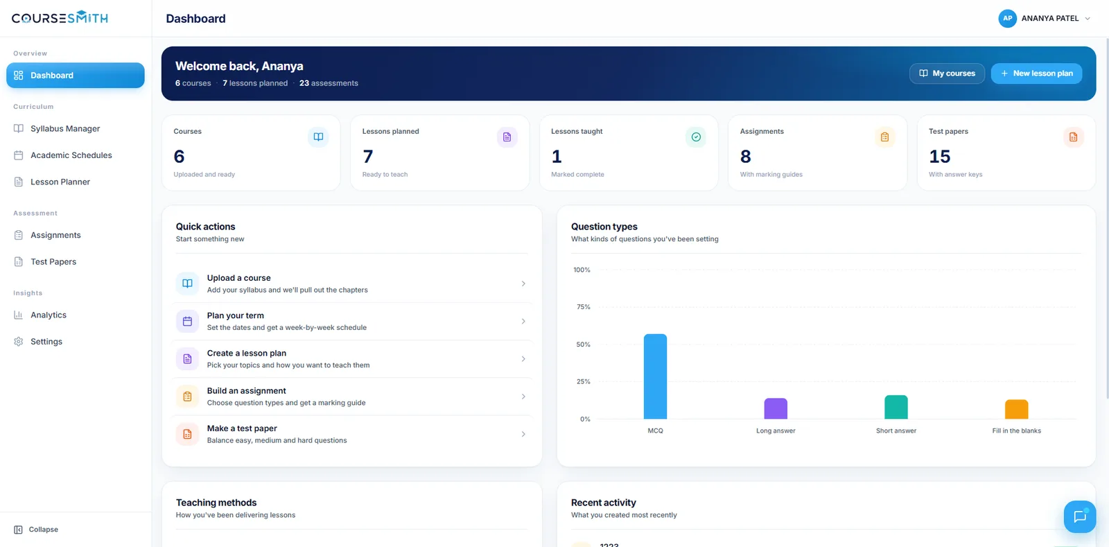 CourseSmith — Personalised teacher dashboard with courses, lessons and assessments