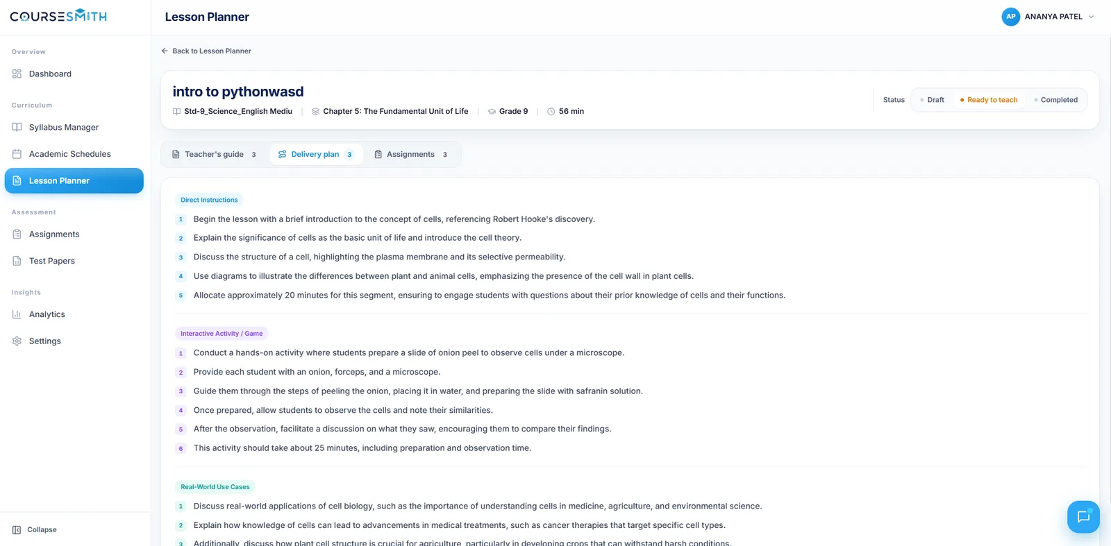 CourseSmith — AI Lesson Planner with delivery plan and activities