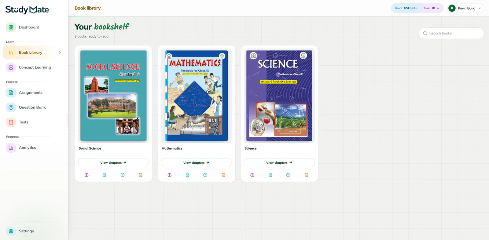 StudyMate AI — Bookshelf with Social Science, Mathematics and Science textbooks
