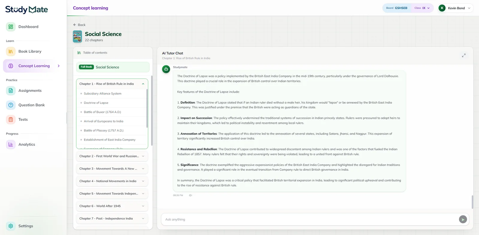 StudyMate AI — Concept Learning AI Tutor chat explaining a chapter