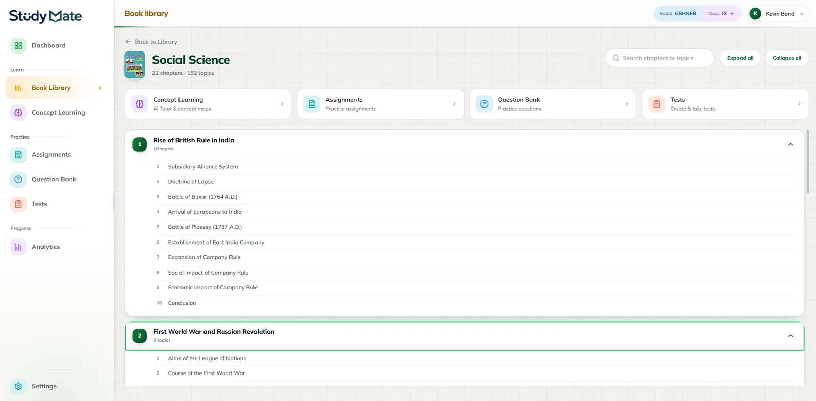 StudyMate AI — Chapter and topic list for adaptive practice