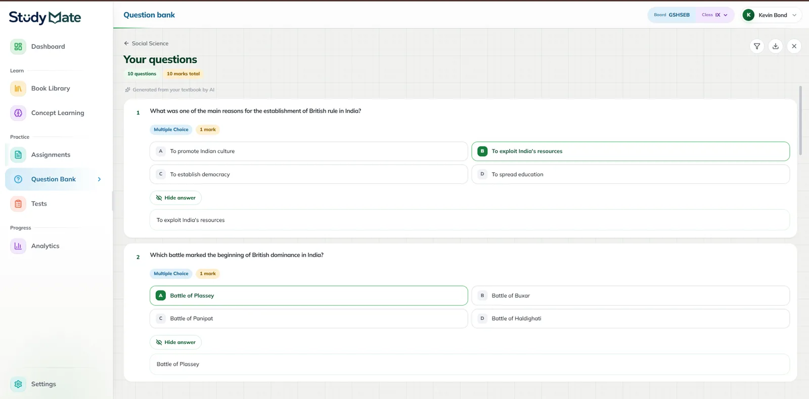 StudyMate AI — Question bank with AI-generated questions and answers