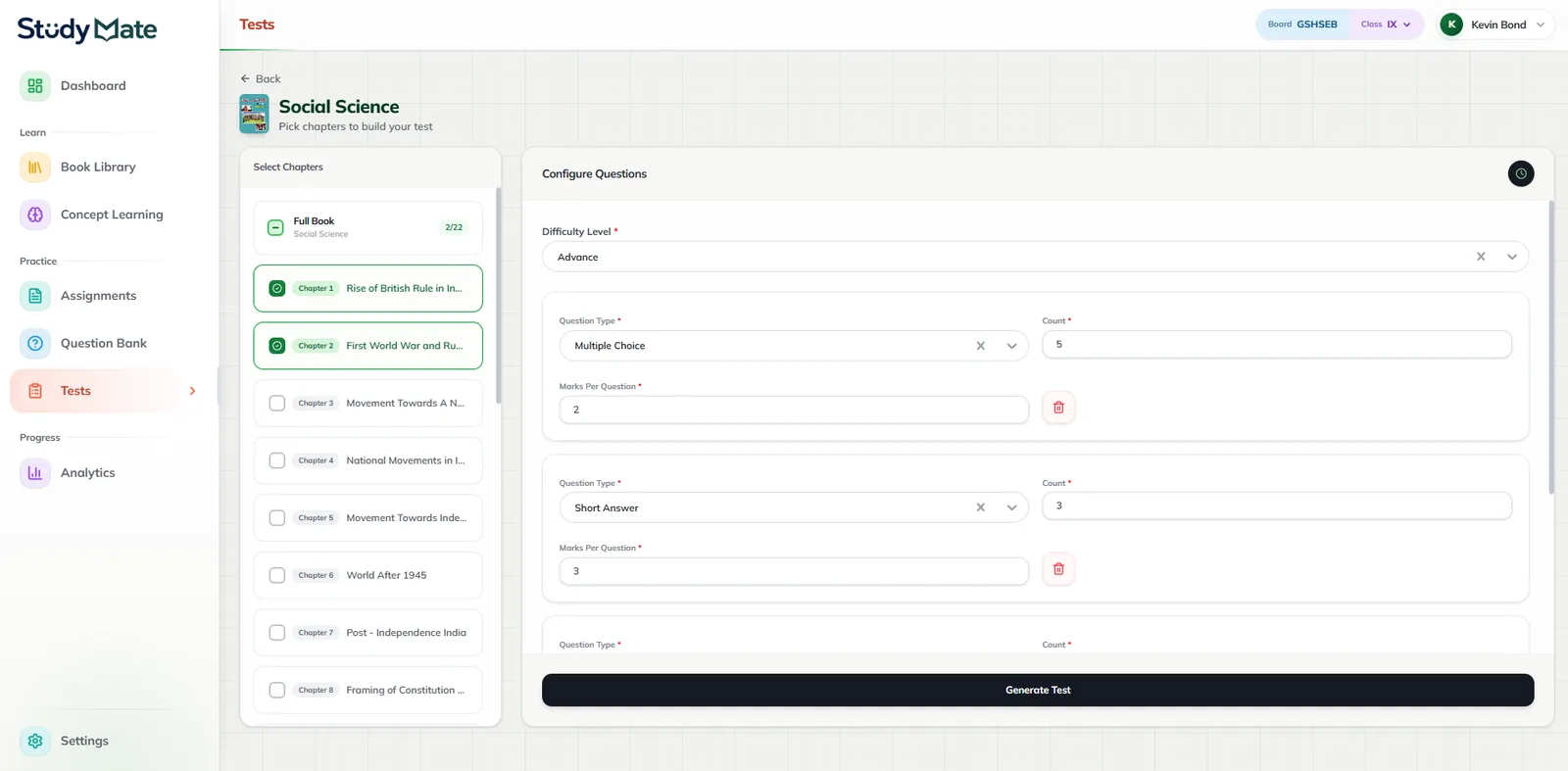 StudyMate AI — Test builder configuring chapters, difficulty and question types