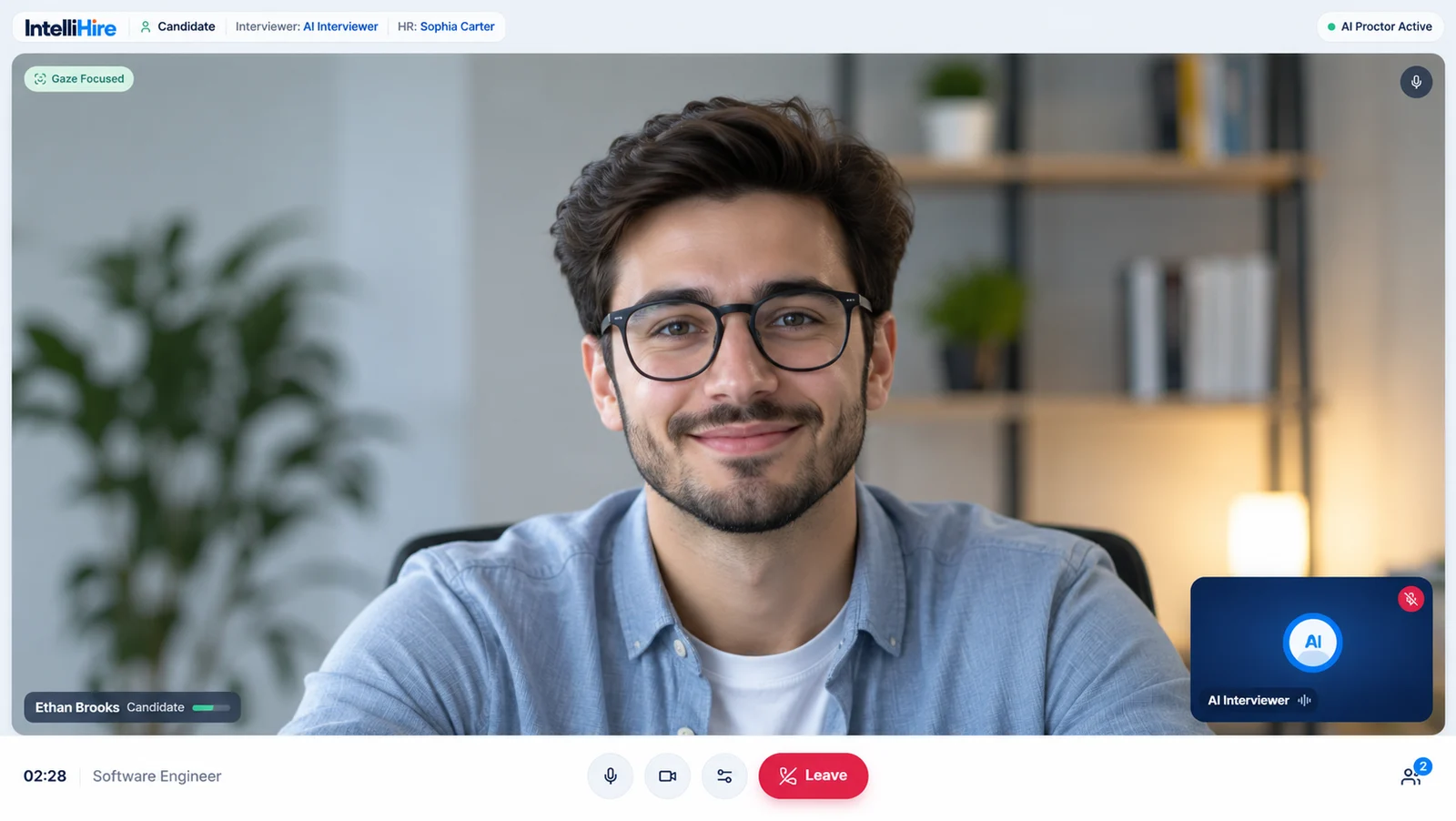 IntelliHire live AI interview: candidate on video with the AI Interviewer and AI proctoring active