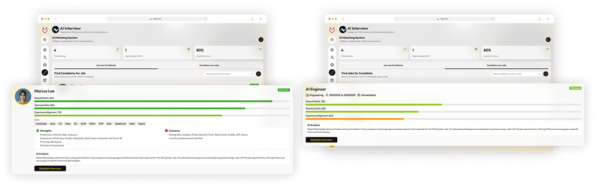 IntelliHire AI Matching — ranked candidate list with match scores against job criteria