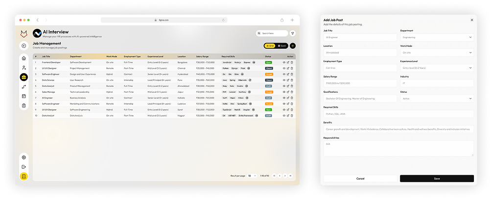 IntelliHire Create Job Post — define role, department, location, and required skills interface