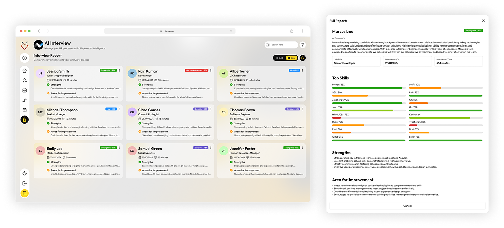 IntelliHire Evaluate Results — structured evaluation report with AI scores and competency breakdown
